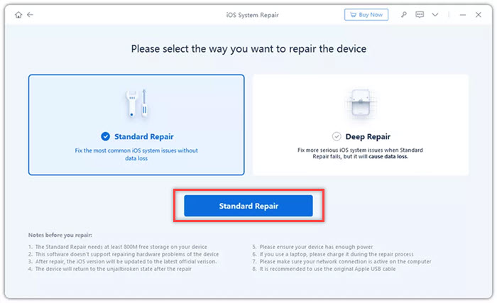 Select the standard repair option to restore the iPhone using Tenoshare ReiBoot