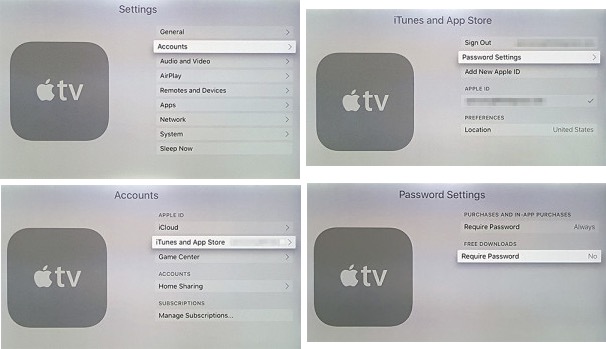 Apple TV disable require password for free app download