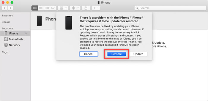 click the restore option to restore the iPhone using iTunes